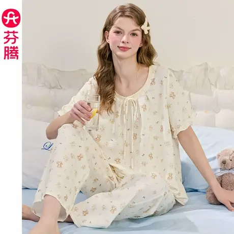 芬腾夏季女睡衣薄款短袖长裤大码女款甜美可爱休闲夏天家居服套装商品大图