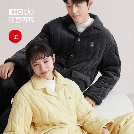 红豆情侣睡衣夹棉秋冬季加厚三层保暖居家休闲可外穿棉服家居服女商品大图