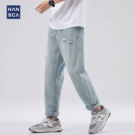 hansca水洗破洞微锥牛仔裤男夏季新款韩版宽松潮流高街休闲九分裤商品大图