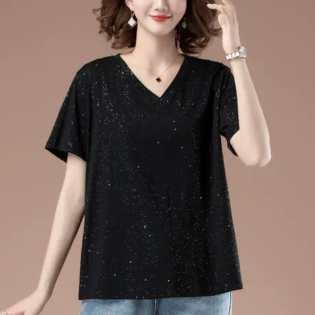 短袖t恤女夏季加肥加大码女装宽松休闲纯棉V领百搭遮肚子显瘦体恤商品大图