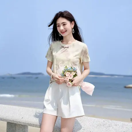时尚气质短袖T恤2024年夏季新款女水墨染休闲显瘦不百搭优雅上衣商品大图