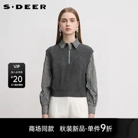 【商场同款】sdeer圣迪奥女学院风翻领条纹撞色拼接毛衣S25383508图片