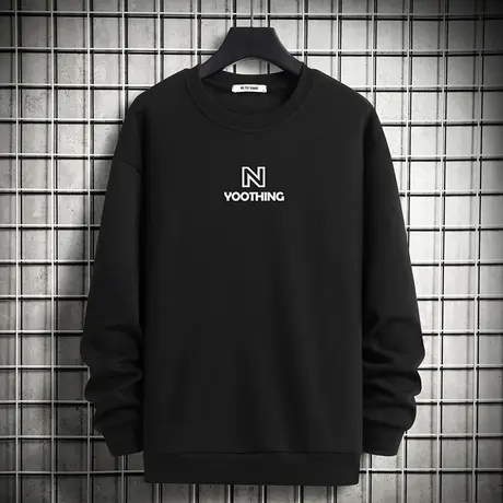 男士卫衣秋冬款圆领套头无帽加绒加厚摇粒绒宽松潮流黑色长袖t恤商品大图