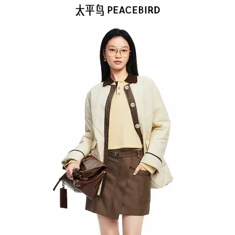 太平鸟新款菱形格绗缝圆领浅卡其棉服女品质感棉衣外套A1ABF1106商品大图