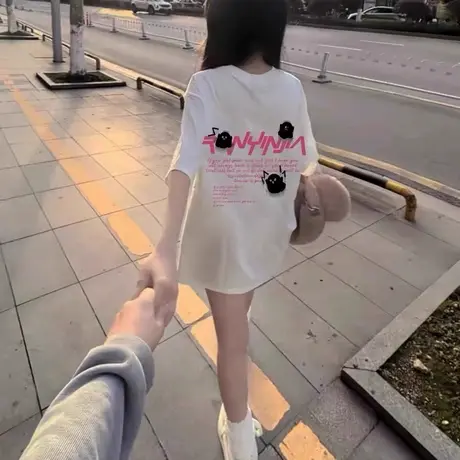 日系甜酷字母t恤女夏季新款潮流学生ins慵懒风短袖重磅纯棉上衣服商品大图