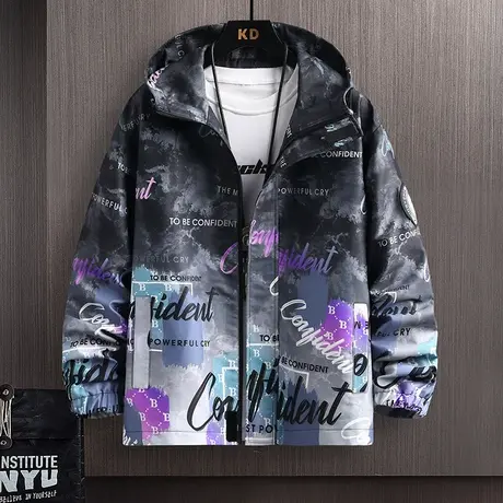 渐变外套男装潮牌贴标春秋帅气连帽夹克潮流港风大码宽松学生褂子图片