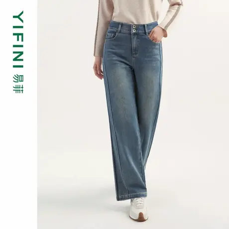 [专柜同款]Yifini/易菲水洗蓝色拼缝阔腿裤女冬装新款牛仔裤商品大图