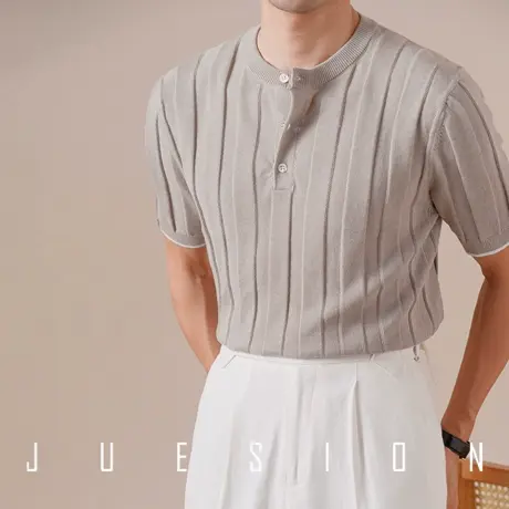 【天然棉麻混纺】JUESION 老钱风亨利领短袖polo衫男夏季薄款T恤图片