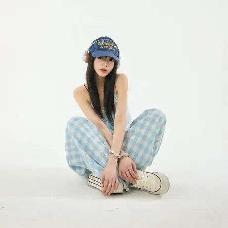 蓝色格子阔腿裤女春秋新款宽松显瘦小个子垂感拖地直筒休闲长裤图片