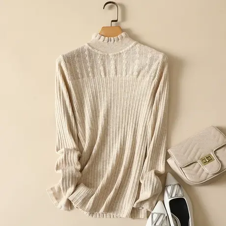 春装2023年新款蕾丝拼接半高领女士内搭针织显瘦洋气打底衫毛衣女商品大图