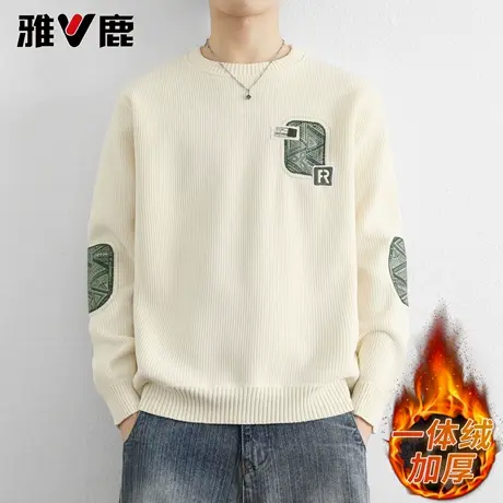 雅鹿针织衫男 2025秋冬新款男叠穿打底圆领加绒宽松印花内搭毛衣图片