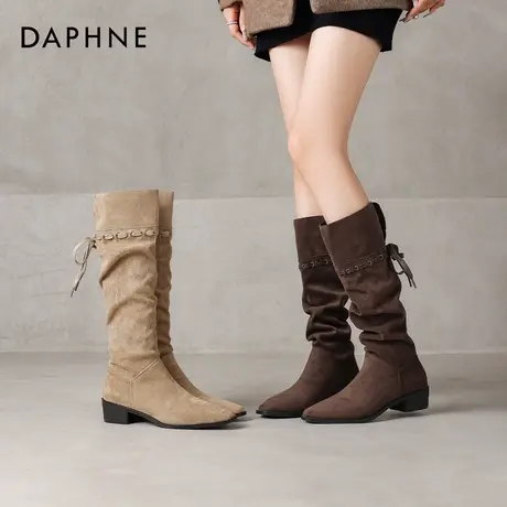 达芙妮靴子女2025新款爆款冬长筒靴高跟加绒美拉德长靴尖头堆堆靴图片