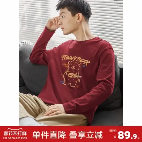 唐狮2026春季新款圆领长袖T恤男卡通小熊印花设计感红色新年氛围图片