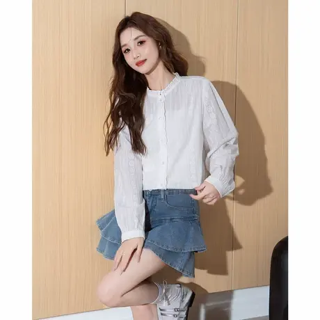 唐狮春季新款女圆领花边长袖衬衫休闲百搭女上衣韩系通勤TM图片