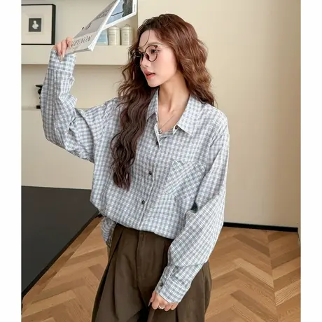 唐狮秋季衬衫女长袖蓝灰格子日常百搭开衫绝美巨好看早秋上衣TM商品大图