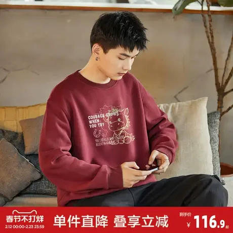 唐狮2026春季新款圆领卫衣男士套头印花设计感红色新年氛围穿搭商品大图