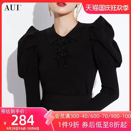 AUI黑色御姐气质泡泡袖毛衣女2023秋冬新款设计感POLO领长袖上衣图片