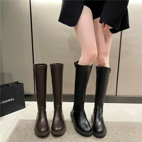 永希长筒靴女2023春秋季新款法式高级复古显瘦时装靴子粗跟骑士靴图片
