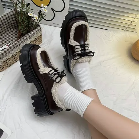 加绒粗跟小皮鞋女秋冬2023年新款保暖棉鞋毛毛鞋女厚底单鞋乐福鞋商品大图