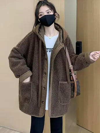 欧货连帽羊羔毛外套女秋2022新款夹棉加厚保暖宽松大版羊羔绒上衣商品大图