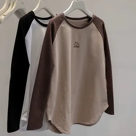 ins超火拼接撞色长袖T恤女外穿德绒秋冬装宽松加绒加厚插肩袖上衣图片