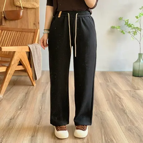 dza 高腰显瘦宽松直筒毛呢裤加绒休闲裤子女冬外穿长裤呢料哈伦裤图片