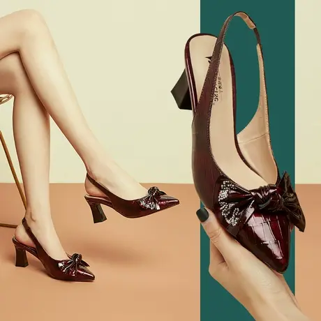 清仓气质尖头时尚蝴蝶结牛漆皮高跟女鞋包头水钻舒适松紧带凉鞋女商品大图