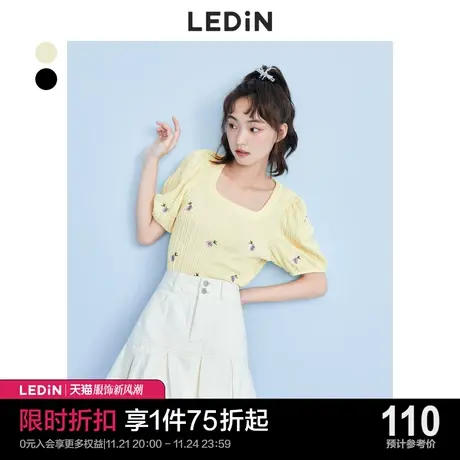 乐町甜美法式浪漫短上衣女休闲夏季新款黑色泡泡袖短袖针织衫图片