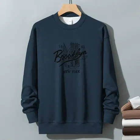 350g重磅圆领卫衣男秋冬款摇粒绒保暖长袖t恤无帽上衣服宽松潮流商品大图