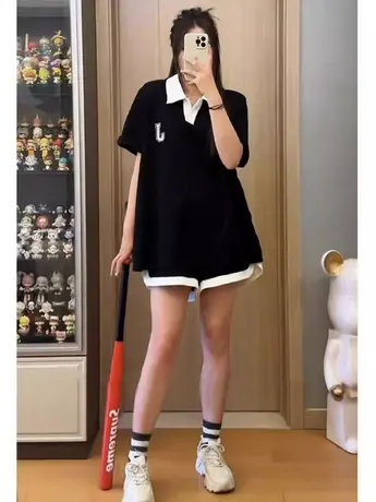 休闲运动套装女大码胖mm夏季polo领短袖上衣时尚短裤两件套200斤图片