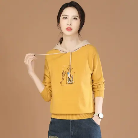 韩潮袭人黄色连帽刺绣宽松休闲针织衫女2024春装新款长袖毛衣上衣图片
