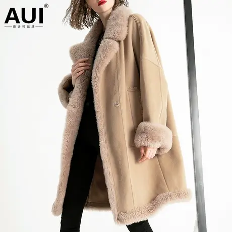 aui驼色羊皮毛一体外套女冬中长款2022新款双面羊绒呢子大衣皮草图片