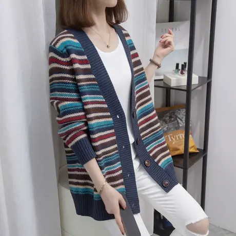 v领条纹针织开衫女2023秋装新款宽松慵懒风外穿上衣厚毛衣外套潮图片