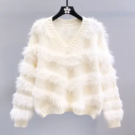温柔风水貂毛白色毛衣女秋冬2023年新款宽松高级感软糯洋气针织衫商品大图