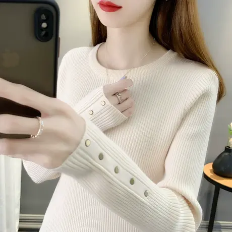 2023年秋冬新款圆领毛衣打底衫女长袖上衣套头百搭修身显瘦针织衫图片