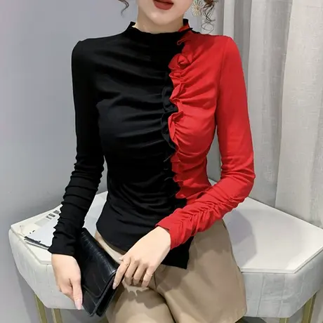 时尚不规则撞色T恤ins潮木耳边洋气上衣紧身内搭打底衫女长袖春秋图片