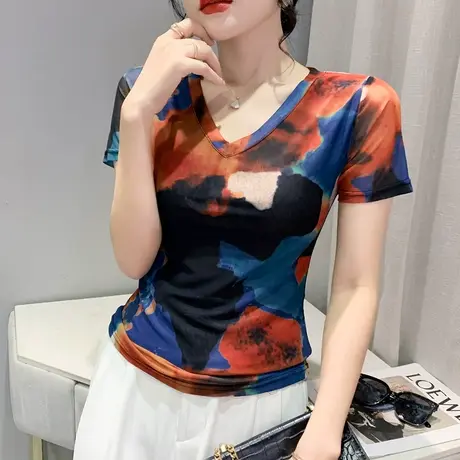 2024年新款漂亮网纱T恤女短袖夏扎染印花气质上衣修身洋气打底衫商品大图