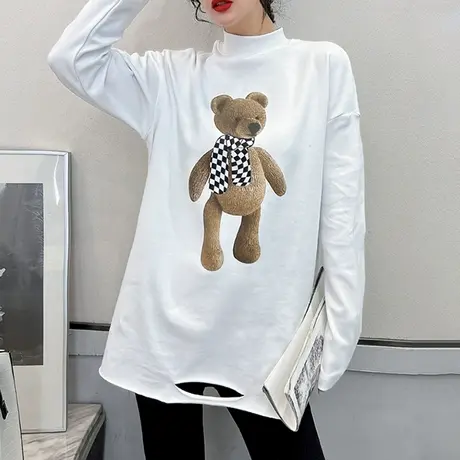 宽松加绒卫衣女秋冬韩版休闲外套设计感破洞上衣半高领打底衫长袖商品大图