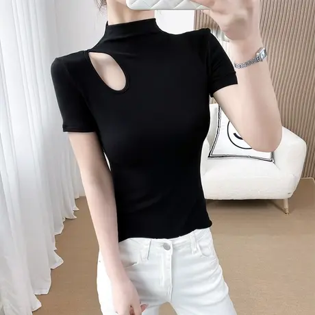 半高领黑色镂空设计感短袖t恤女夏季正肩小众莫代尔针织2023新款商品大图
