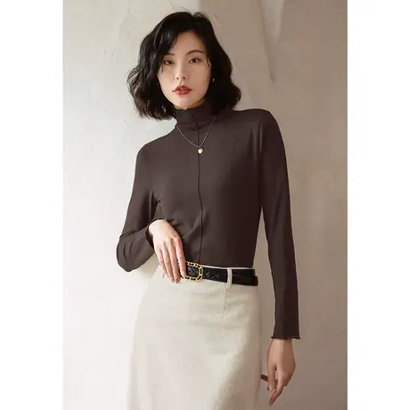 弥古咖色高领打底衫长袖针织t恤女春秋木耳边叠穿内搭上衣设计感商品大图