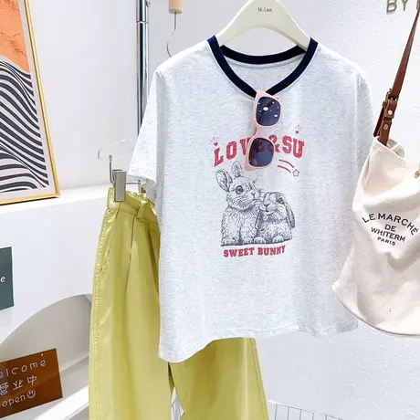 韩代同款兔子拼色正肩上衣~夏季小个子显高雪花棉短袖T恤打底衫薄商品大图