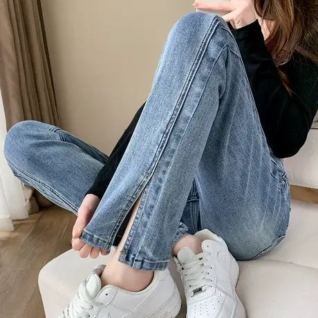 开叉牛仔裤女2023年新款春秋高腰显瘦宽松微喇叭裤小个子直筒裤子商品大图