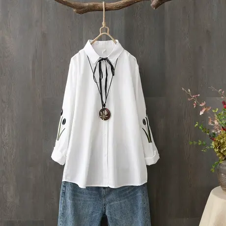 早秋纯棉白衬衫女宽松长袖百搭刺绣花衬衣女春秋新款学生打底上衣商品大图