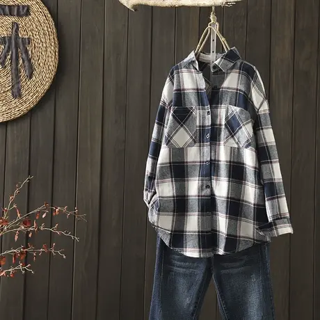 枫谜20年秋装新款文艺简约大格子磨毛衬衫女宽松休闲衬衣百搭上衣商品大图