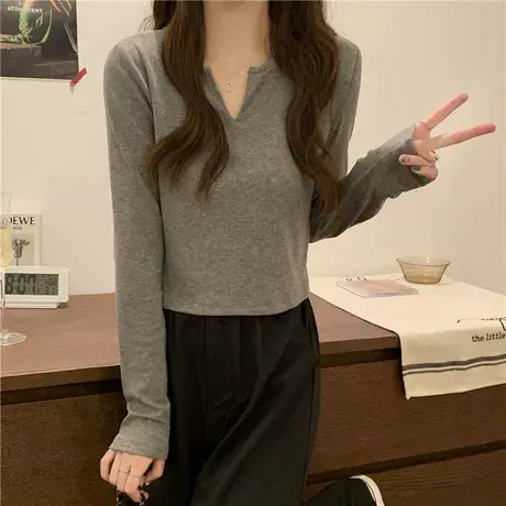 纯色V领长袖针织衫女2024秋季新款慵懒风打底宽松显瘦T恤上衣内搭商品大图