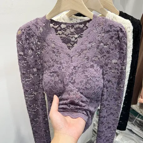 设计感V领勾花镂空磨毛蕾丝衫女2023春装新款抹胸内搭打底衫上衣图片