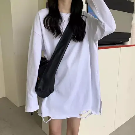 破洞下摆长袖T恤女春秋宽松显瘦韩版白色内搭打底衫上衣体恤潮ins商品大图