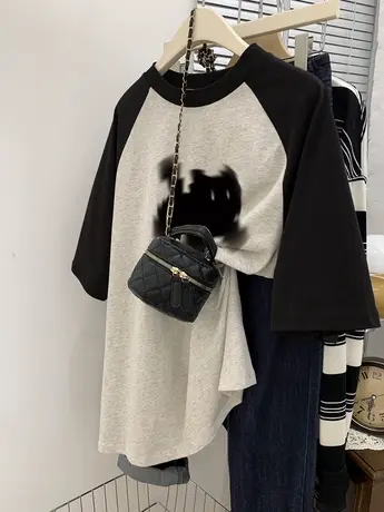 韩版女装上衣夏复古chic插肩袖正肩设计T恤大码ins潮纯棉宽松短袖商品大图