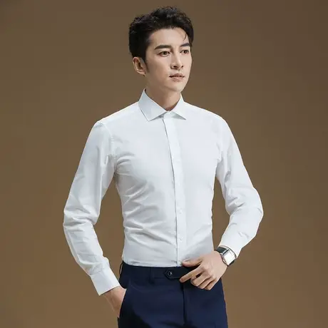 POWO白衬衫男士免烫温莎领商务休闲寸衫韩版纯色帅气修身长袖衬衣商品大图