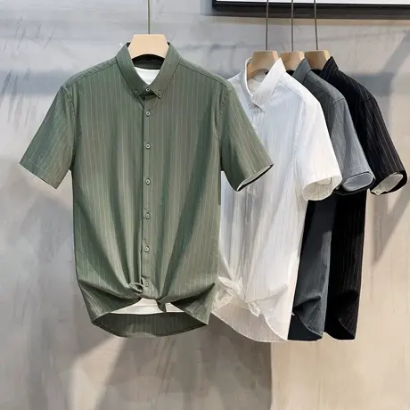 2023夏装男士短袖衬衫潮牌简约商务休闲条纹半袖衣服时尚修身衬衣商品大图